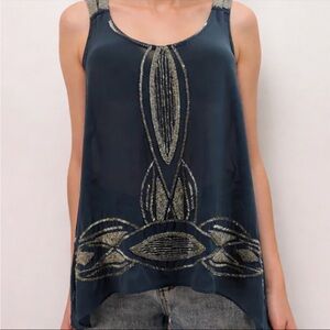 Parker Silk Embroidered Tank Top Navy Blue Gold Beaded A-Line Size M